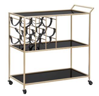 Chariot Alimentaire 79x39,5x82 Cm Doré Et Noir Avec 3 Étagères Miroir Et Roues