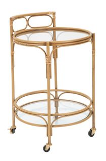 Chariot Rond 51x74 Cm Style Boho En Métal Et Rotin Avec 2 Étagères En Verre Et Roulettes