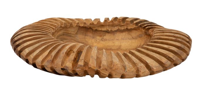 Plateau Rond En Teck Recyclé Sculpté Ø35x7 Cm Style Artisanal
