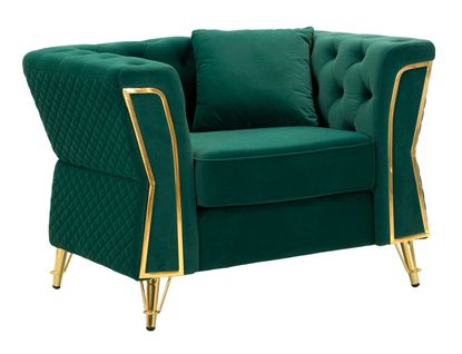 Fauteuil Vert Avec Coussin 104x83x76 Cm En Velours Matelassé Et Pieds Dorés