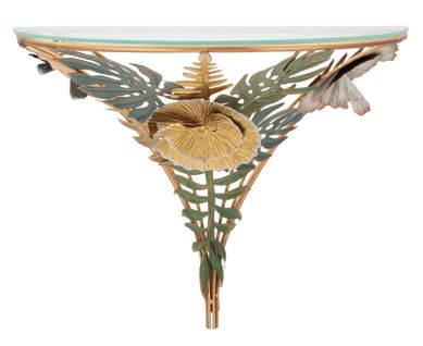 Table De Chevet Murale Dorée Avec Fleurs Et Feuilles Multicolores, 44,5x24,5x34,5 Cm