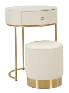 Table De Chevet Ronde 52x70 Cm Avec Pouf Intégré Blanc Et Doré