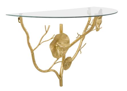 Table De Chevet Semi-circulaire 60x30x40 Cm Métal Doré Et Plateau Verre