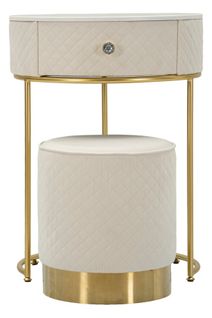 Coiffeuse Ronde Ø52x70 Cm Avec Pouf Assorti Velours Crème Et Doré