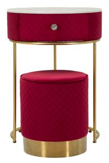 Coiffeuse Ronde Ø52x70 Cm Avec Pouf Velours Rouge Et Finitions Dorées