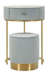 Coiffeuse Ronde Ø52x70 Cm Avec Pouf En Velours Bleu Clair Et Détails Dorés