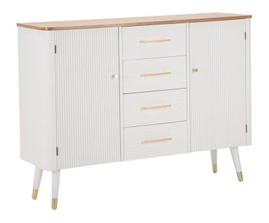 Buffet Blanc Avec Plateau Bois Et Poignées Dorées Style Boho Chic, 117x37x90cm