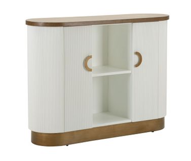 Buffet Moderne Blanc Et Brun Avec Design Arrondi Et Lignes Décoratives, 121x41x90cm