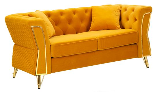 Canapé 2 Places Ocre En Velours Matelassé Avec Pieds Dorés, Style Luxueux Moderne