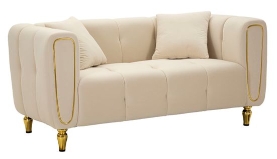 Canapé 2 Places Crème En Velours Matelassé Avec Pieds Dorés, Style Moderne Et Raffiné