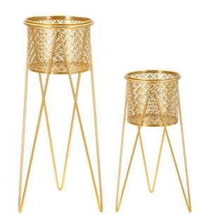 Paire De Porte-vases En Métal Doré Avec Décorations Arrondies Croisées, 21x20x46-18x18x32 Cm