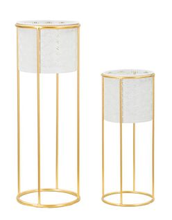Paire De Porte-vases En Métal Blanc Et Doré, Décor Géométrique, 17x46-14x34 Cm