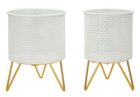 Paire De Porte-vases En Métal Blanc Et Doré, Décor Rond, Ø 16x20-13x20 Cm