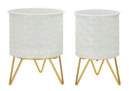 Paire De Porte-vases En Métal Blanc Et Doré, Décor Géométrique, Ø 16x20-13x20 Cm