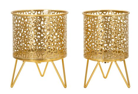 Paire De Porte-vases En Métal Doré Avec Décor Arrondi, Ø 16x20-13x20 Cm