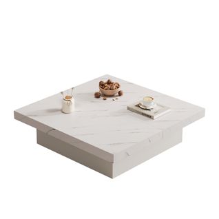 Table Basse Carrée Blanche Effet Marbre,90x90x25 Cm,4 Tiroirs,plateau Coulissant,charge 30 Kg
