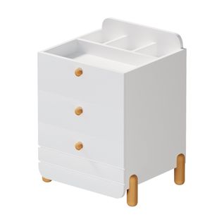 Table De Chevet Avec 3 Tiroirs, Étagères, Design Minimaliste, Pieds En Bois, Blanc