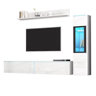 Ensemble Mural TV 3 Pièces Blanc Brillant Avec Éclairage LED, 1 Meuble TV, 1 Vitrine, 1 Étagère