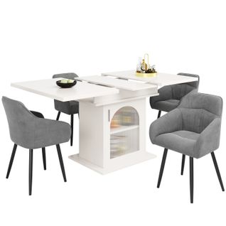 Ensemble De Salle à Manger (5 Pièces), Table Extensible Blanche 140x80 Cm, 4 Chaises Velours