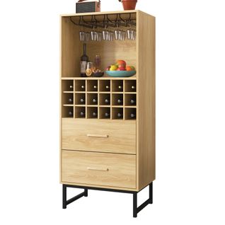 Buffet Vin Avec 2 Tiroirs, 18 Compartiments, Porte-verre, Pieds Métalliques Noirs