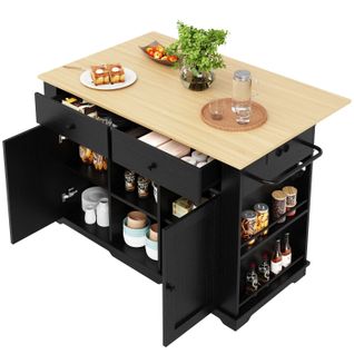 Îlot De Cuisine, Chariot Avec Prise, Chariot Avec Plan De Travail, Buffet, Veinage Bois, Noir