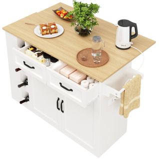 Îlot De Cuisine 131,5 Cm Avec Prises, Table Pliable, Tiroirs Et Rangement, Blanc Et Naturel
