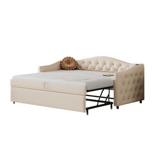 Lit Convertible 90x200 Cm, USB, Boutons Et Sommier, Multifonction, ,lin Beige (matelas Non Inclus)