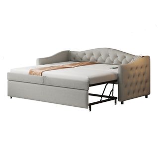 Lit Convertible 90x200 Cm, USB, Boutons Et Sommier, Multifonction, ,lin Gris (matelas Non Inclus)