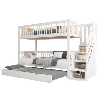 Lit Superposé, Lit Enfant, Lit Supplémentaire, Armoire, Garde-corps, Pin+mdf, Blanc, 90x200