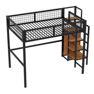 Hochbett 140x200cm Avec Échelle, Cadre Métal, Étagères Et Armoire, Lit Pour Enfants, Noir