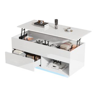 Table Basse Laquée Avec Élévation, 100x50x55 Cm, LED, 1 Tiroir, Capacité 50 Kg, Blanc