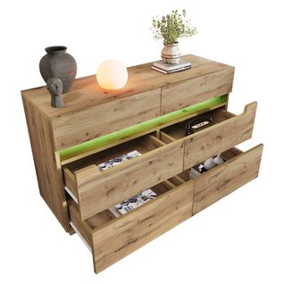 Commode En Bois Avec 6 Tiroirs Et LED (contrôle Par Application), Pour Salon Ou Chambre, Chêne