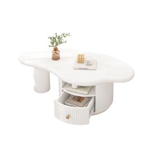 Table Basse Irrégulière En Forme De Nuage, 110x60x37.5 Cm, Mdf, 1 Tiroir, 2 Tabourets, Blanc