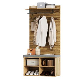 Set De Vestiaire 175 Cm, Bois, Avec Banc, Étagère Réglable Et Tringle, Mobilier Pratique