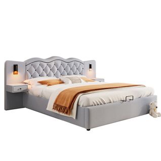 Lit Rembourré 160x200 Cm, Tête De Lit Intégrée, USB, Lampes De Chevet, Gris