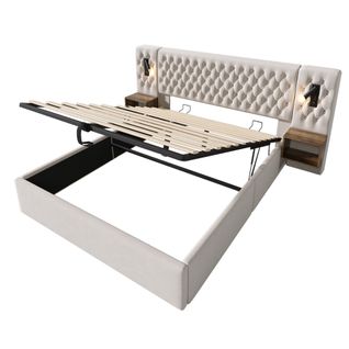 Lit Double 180x200 Cm Beige En Velours Avec Tiroirs Et Tables De Chevet