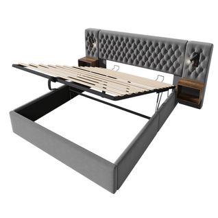 Lit Double 180x200 Cm Gris En Velours Avec Rangement Et Tables De Chevet