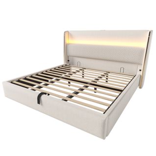 Lit Double 180x200 Cm Beige En Lin Avec LED, Rangement Et Ports USB/type-c