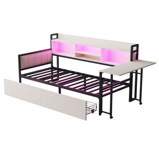 Lit Canapé 90x200 Cm En Métal Avec LED, Rangements Et Bureau Intégré