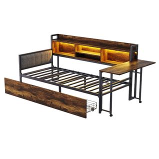 Canapé-lit 90x200 Cm En Métal Avec LED, Bureau Et Rangements Bois