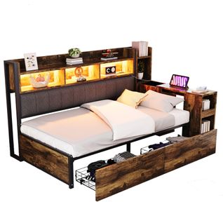 Canapé-lit Métal 90x200 Cm Avec LED, Bureau Escamotable Et Tiroirs