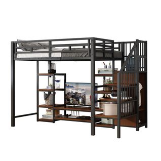 Lit Mezzanine 90x200 Multifonction Avec TV, Prise Et Rangement Noir