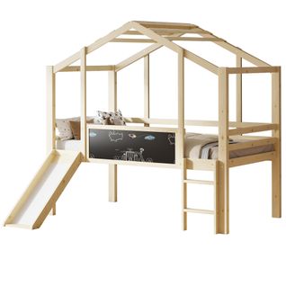 Lit Mezzanine Enfant 90x200 Style Cabane Bois Avec Toboggan Et Tableau