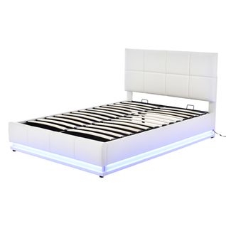 Lit Double 140x200 Cm Avec LED Et Rangement Hydraulique Blanc
