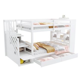 Lit Superposé Modulable Enfant 90x200 Cm Avec Escaliers Sécurisés Et Rangements Blancs