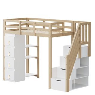 Lit Mezzanine 90x200 Cm Bois Massif Avec Tiroirs, Étagères Et Escalier Sécurisé