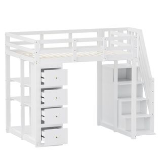 Lit Mezzanine 140x200 Cm Bois Massif Avec Tiroirs, Étagères Et Escalier Sécurisé