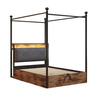 Lit 90×190 Cm En Métal Noir Avec LED, USB/type-c Et Rangement Hydraulique