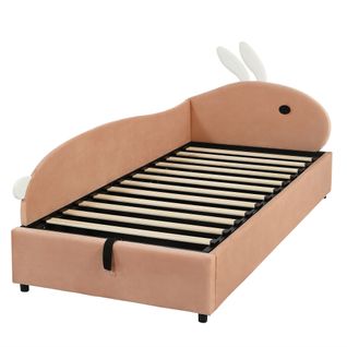 Lit Enfant 90×200 Cm En Velours Avec Tête Lapin Et Rangement Hydraulique