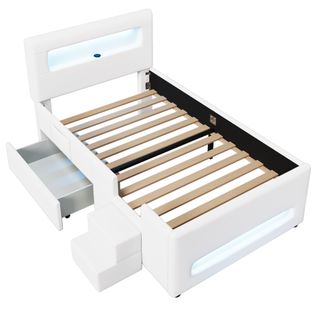 Lit Plateforme 90x200 Cm Avec LED, Tiroirs Et Rangement Intégré